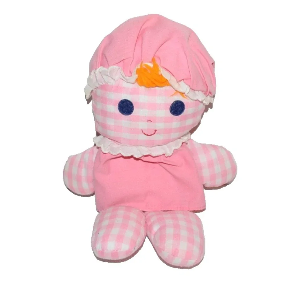 Vtg Fisher Price 1975 Lolly Rattle Doll Pink Checkered Gingham 12